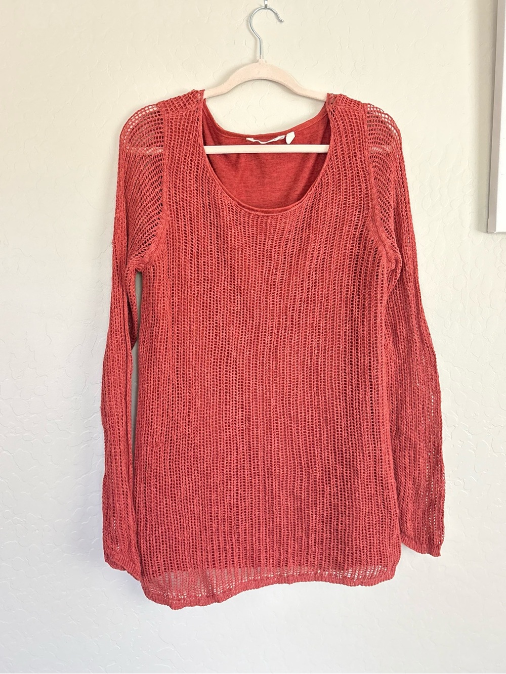 Soft Surroundings Open Knit Sweater Burnt Orange Linen Blend Large Boho Coastal